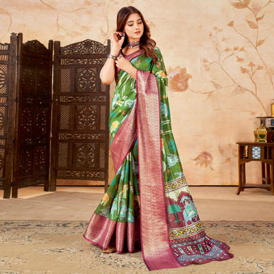 green-printed-cotton-silk-saree-with-jacquard-border