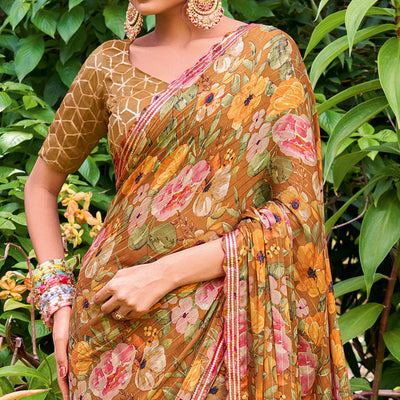 Brown Floral Printed Chiffon Saree With Zari Work