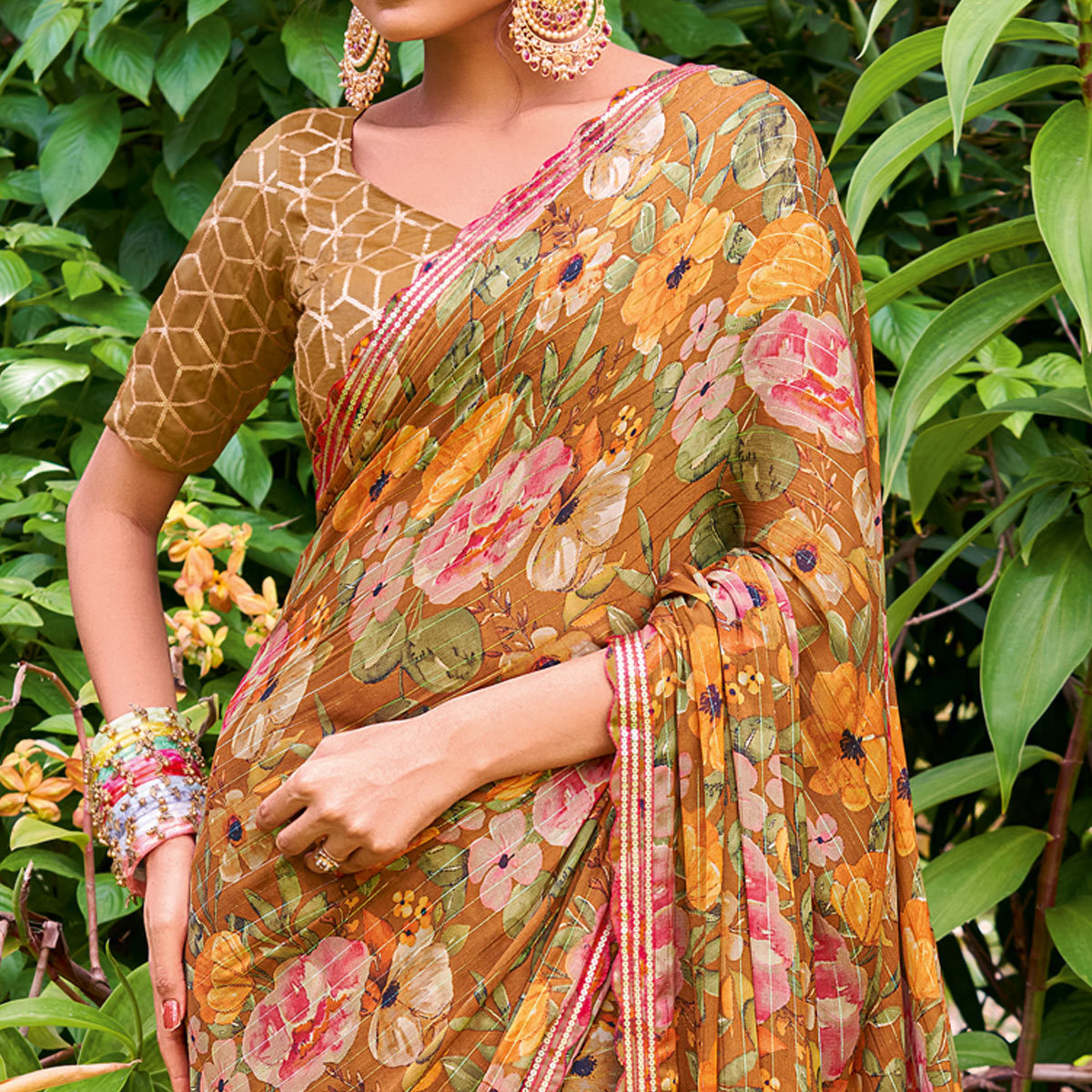 Brown Floral Printed Chiffon Saree With Zari Work