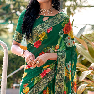 green-floral-printed-georgette-saree-with-border-jacquard-blouse