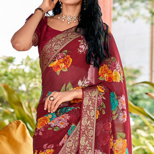 Maroon Floral Printed Georgette Saree With Border & Jacquard Blouse