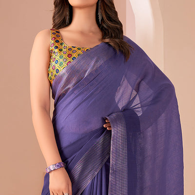 Lavender Woven Linen Saree With Tassels