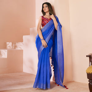 Blue Woven Linen Saree With Tassels