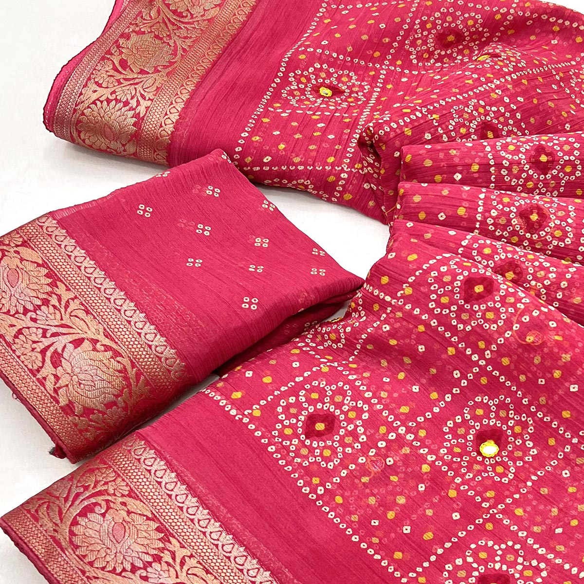 Gajri Pink Bandhani Printed Chiffon Saree