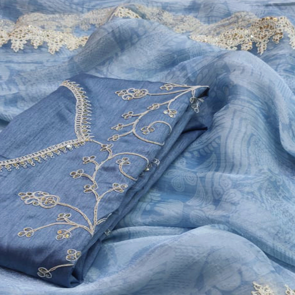Bluish Grey Floral Printed Jimmy Choo Tissue Saree With Sequins Embroidered Border