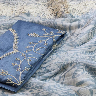 Bluish Grey Floral Printed Jimmy Choo Tissue Saree With Sequins Embroidered Border