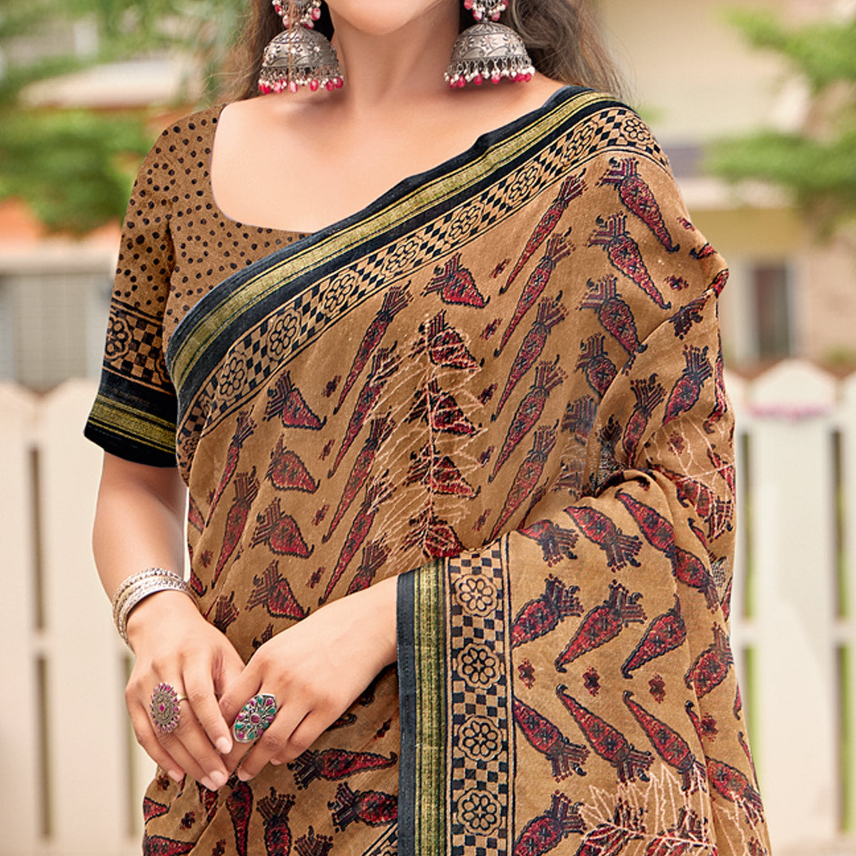 Brown Floral Printed Mul Mul Cotton Saree