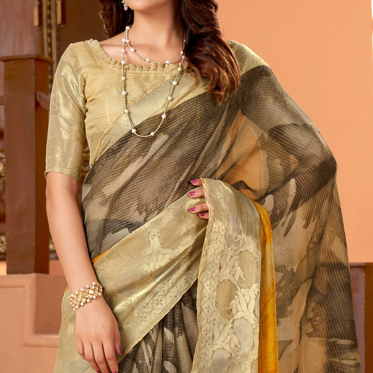 Brown & Mustard Printed Organza Saree With Woven Border