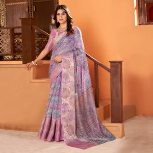 Light Purple Printed Organza Saree With Woven Border