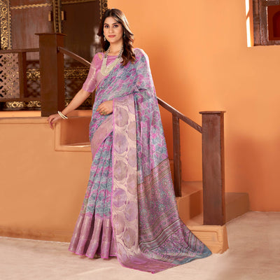 Light Purple Printed Organza Saree With Woven Border