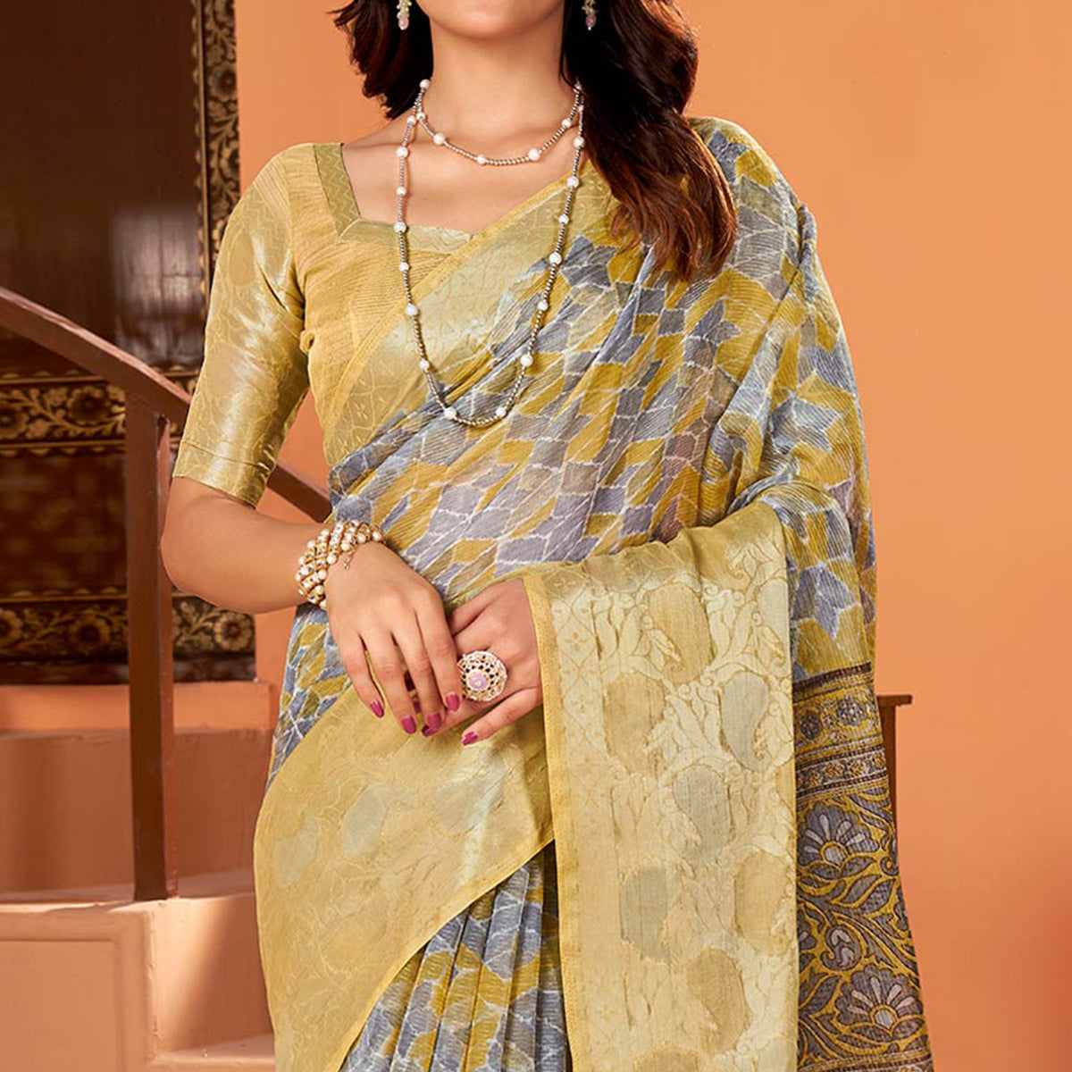 Light Mustard Printed Organza Saree With Woven Border
