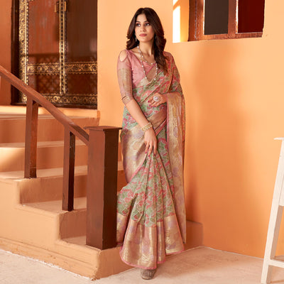 Light Peach Printed Organza Saree With Woven Border