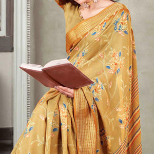 Chikoo Floral Printed Cotton Blend Saree With Jacquard Border