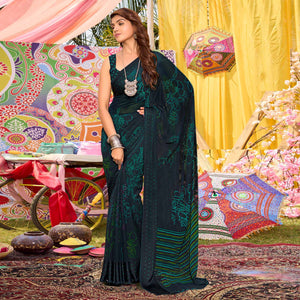 Morpich Blue Floral Printed Georgette Saree With Woven Border