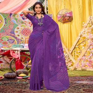 Lavender Floral Printed Georgette Saree With Woven Border