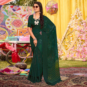 Bottle Green Floral Printed Georgette Saree With Woven Border
