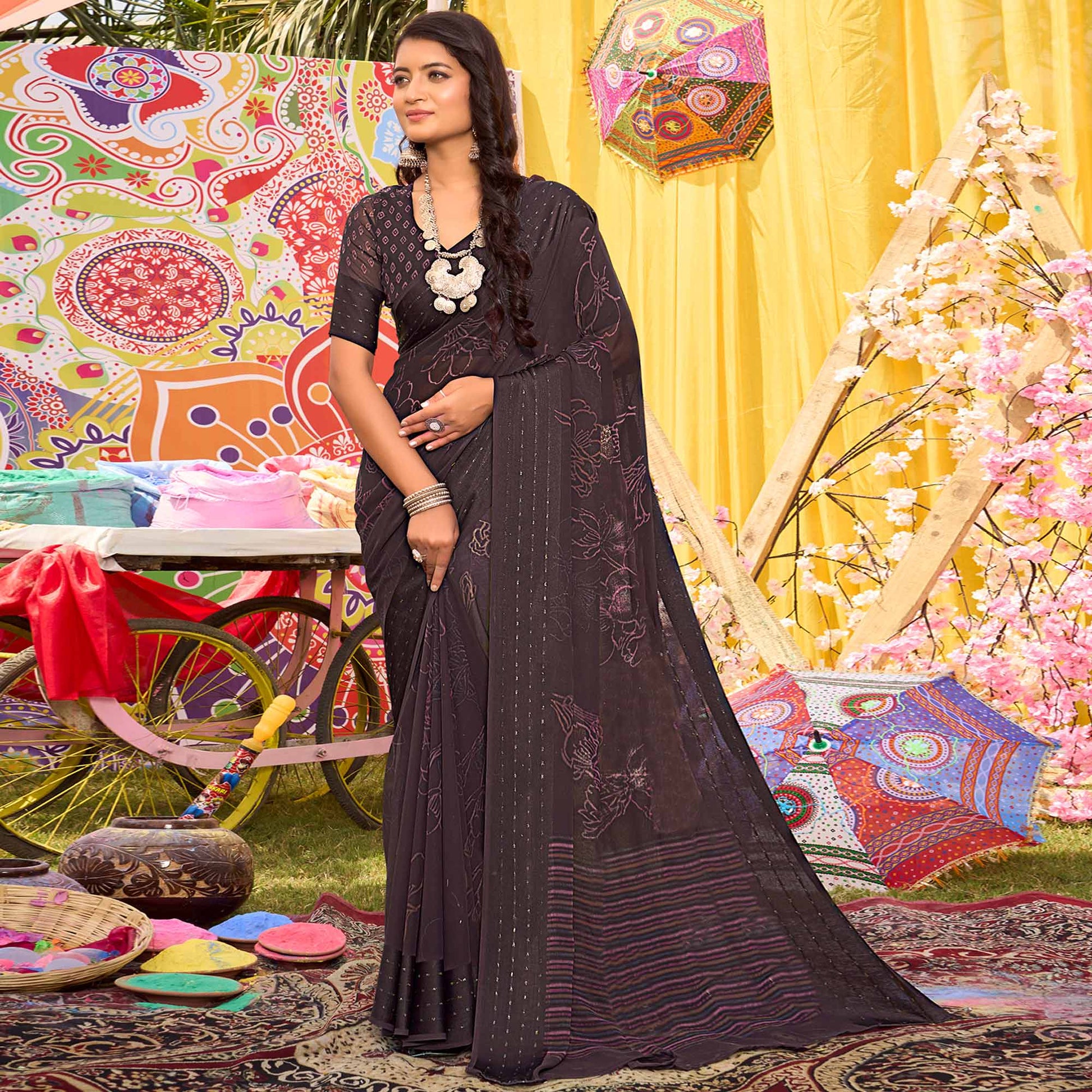 Coffee Brown Floral Printed Georgette Saree With Woven Border