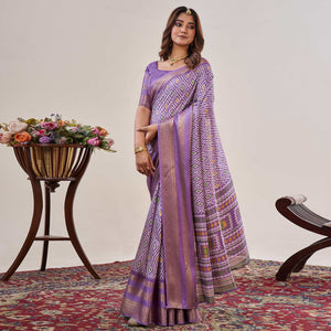 Lavender Ikkat Printed With Jacquard Border Cotton Silk Saree