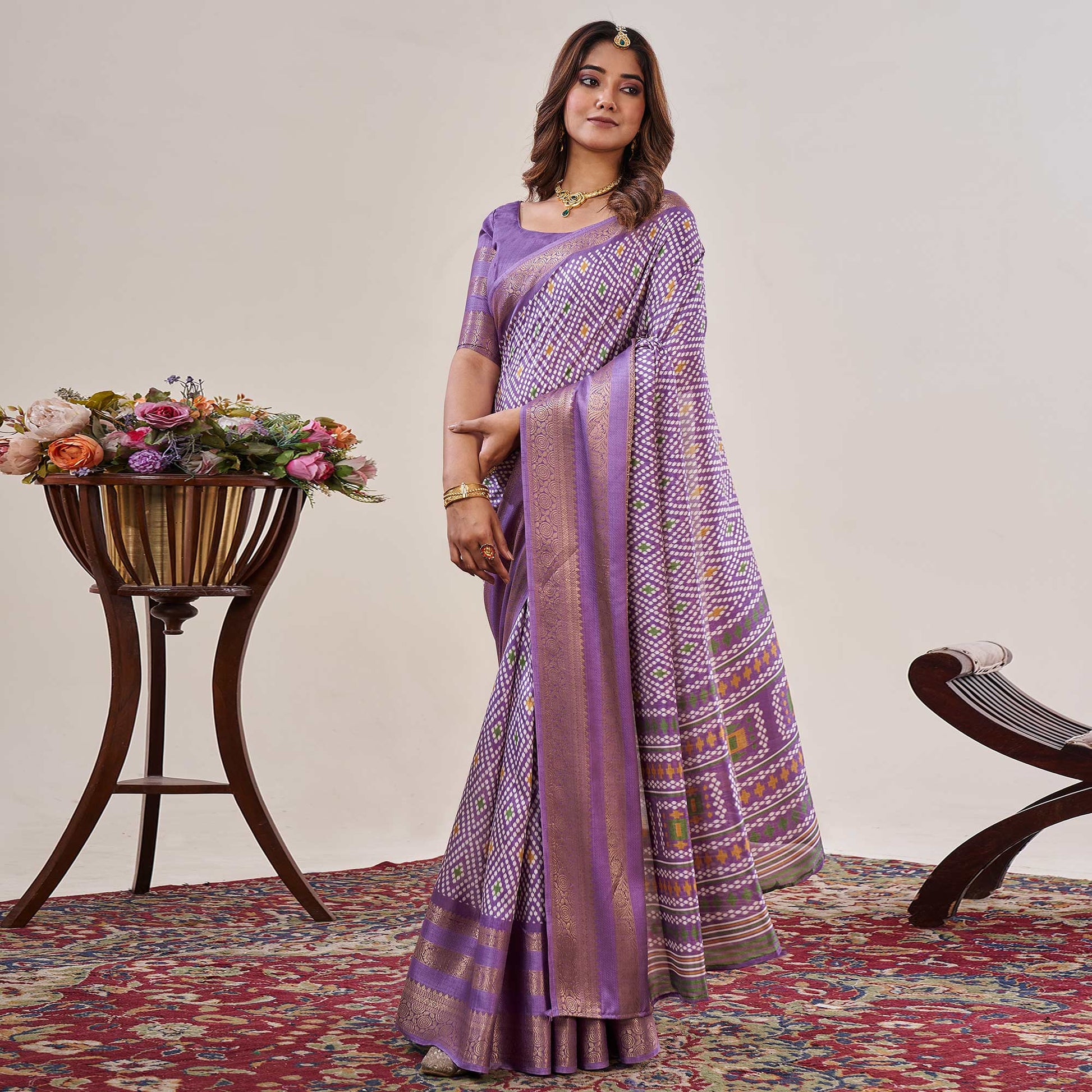 Lavender Ikkat Printed With Jacquard Border Cotton Silk Saree