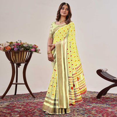 Lemon Yellow Ikkat Printed With Jacquard Border Cotton Silk Saree