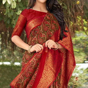 green-red-printed-with-woven-border-pure-cotton-saree