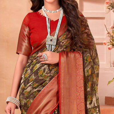 Brown Printed Cotton Blend Saree With Jacquard Border