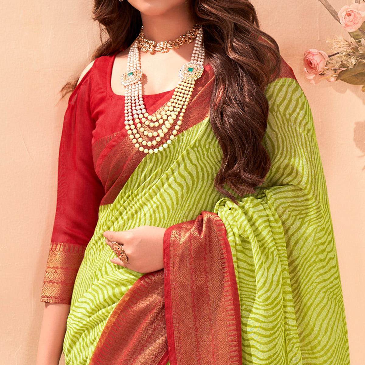 green-printed-cotton-blend-saree-with-jacquard-border