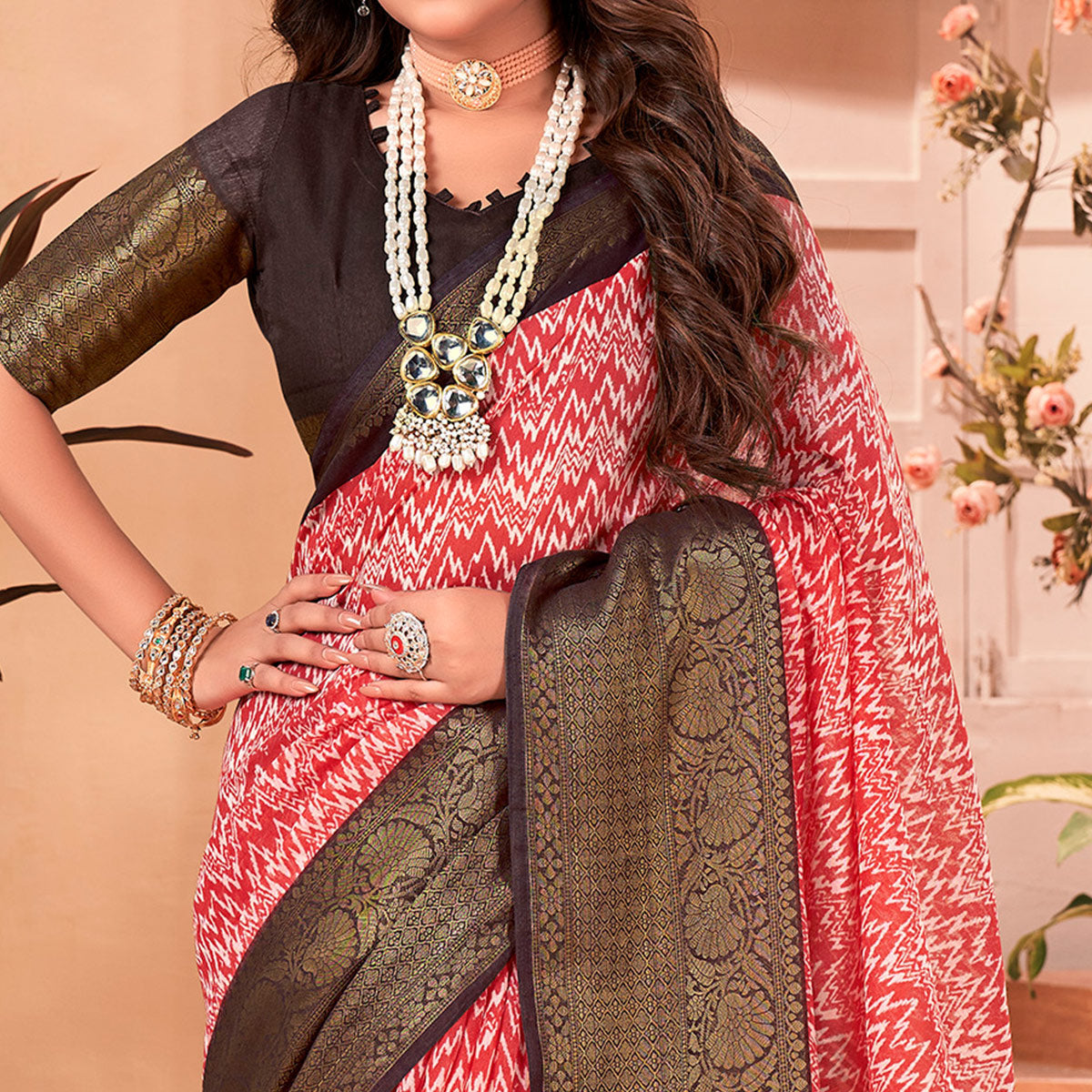 Gajri Pink Printed Cotton Blend Saree With Jacquard Border