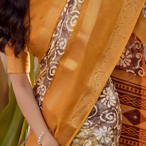 Brown Floral Printed Dola Silk Saree
