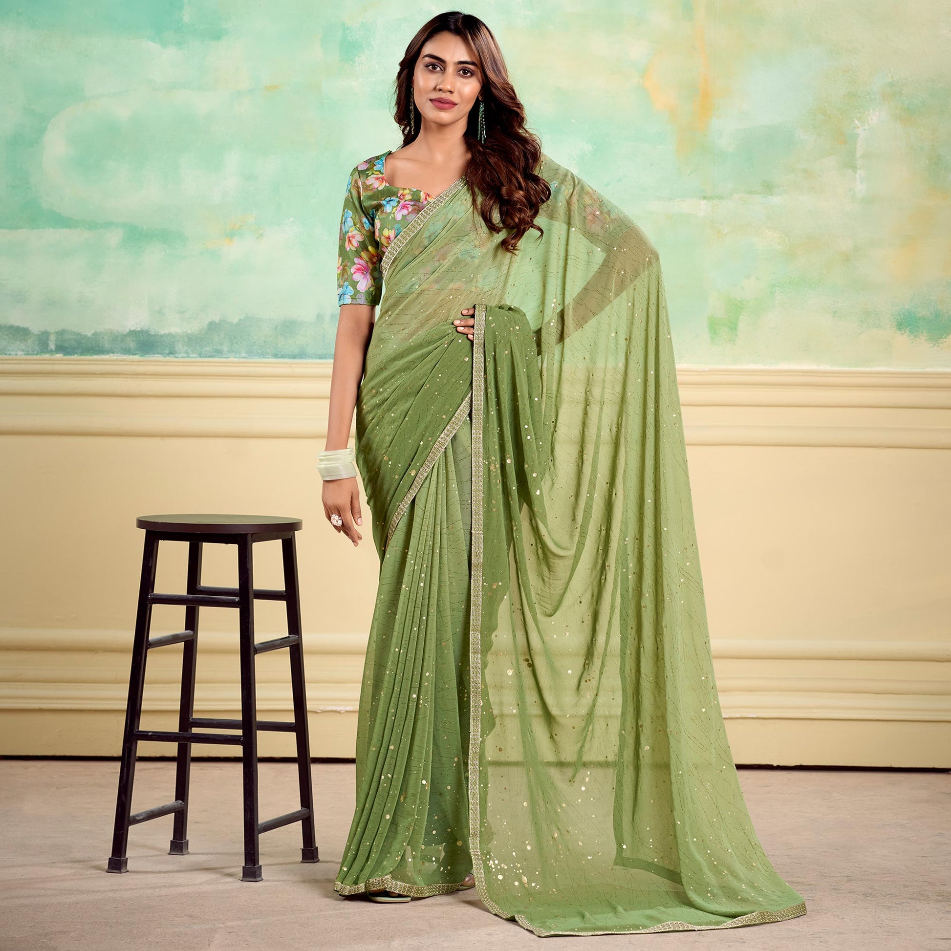 green-foil-printed-with-sequins-georgette-saree