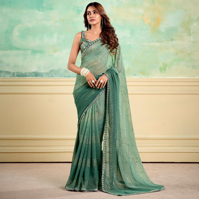 Dusty Green Foil Printed With Sequins Georgette Saree