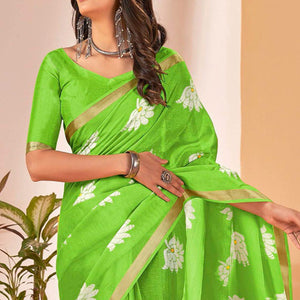 green-floral-printed-cotton-blend-saree-with-tassels