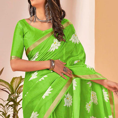 green-floral-printed-cotton-blend-saree-with-tassels