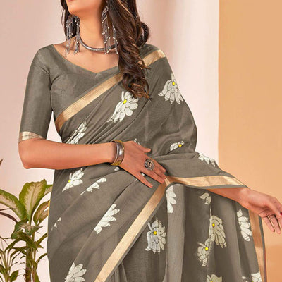 grey-floral-printed-cotton-blend-saree-with-tassels