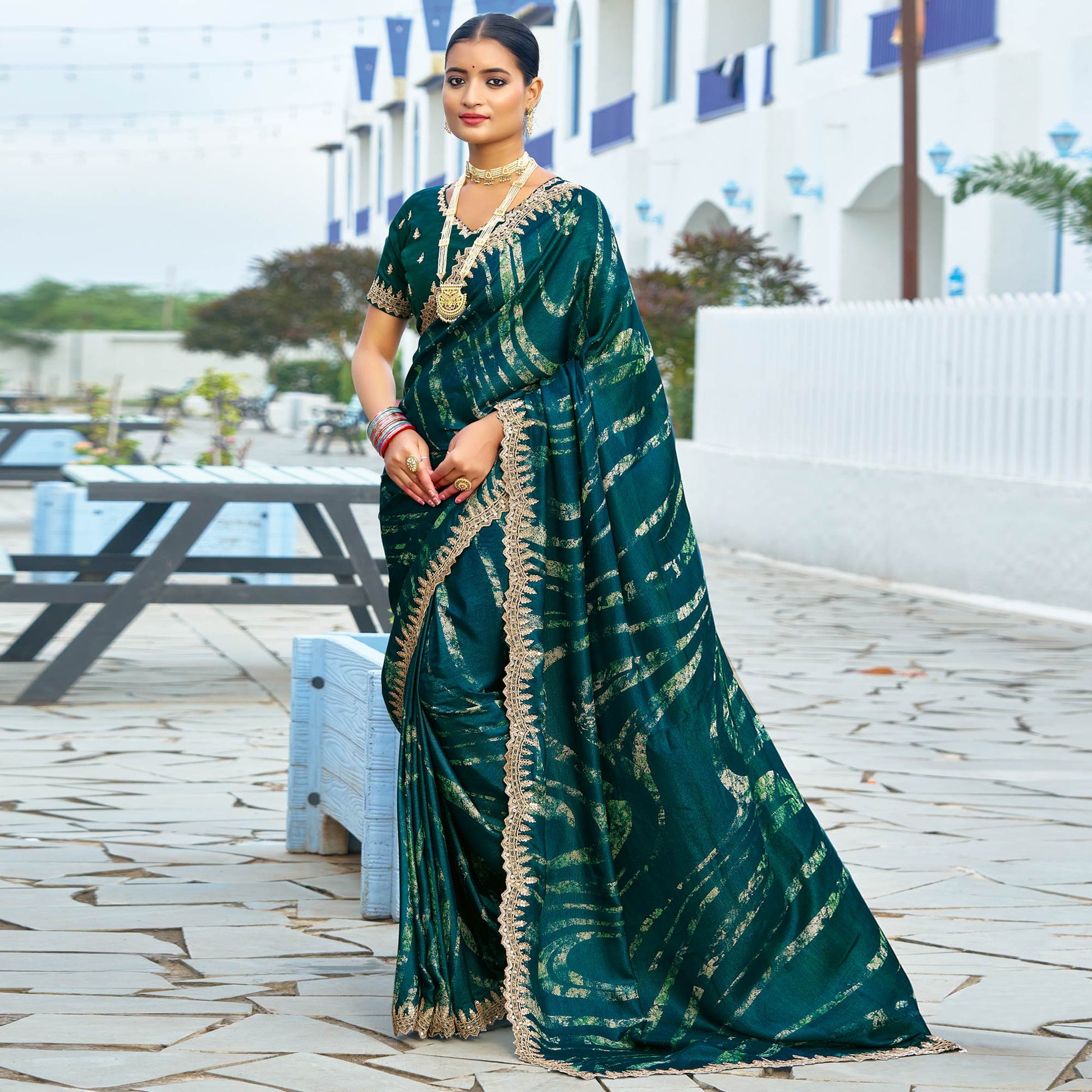 Morpich Green Printed Chiffon Saree With Sequins Border