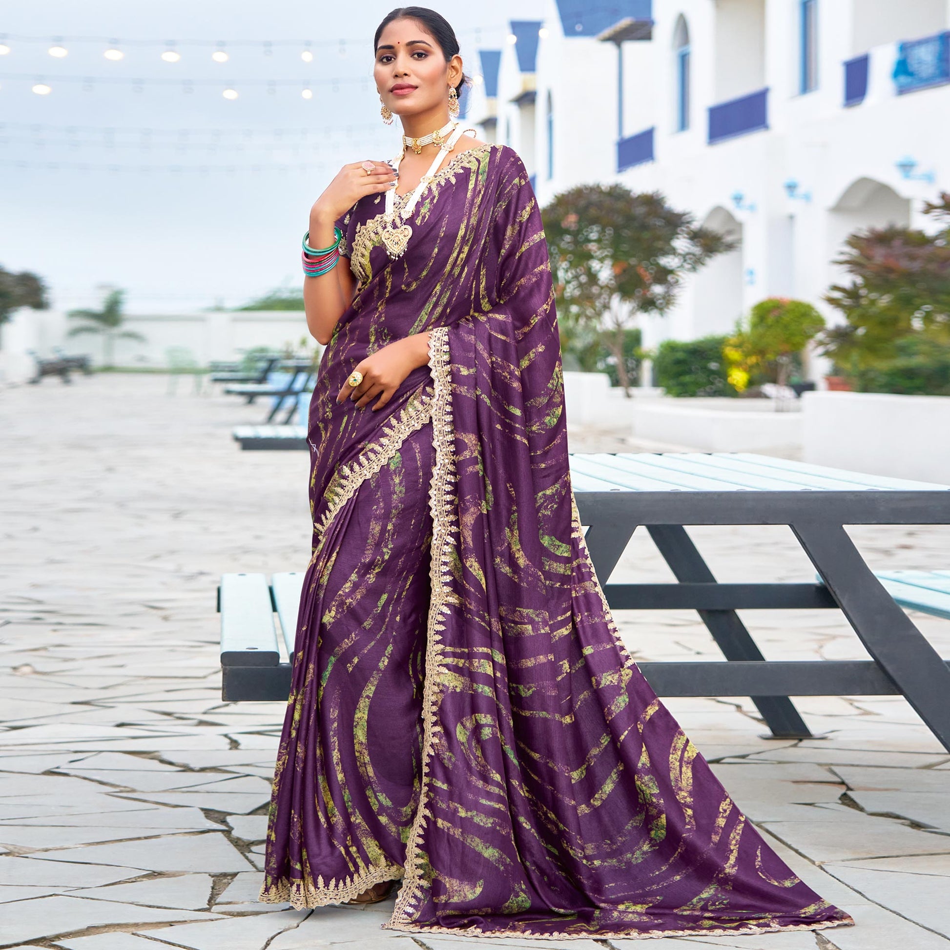 Light Wine Printed Chiffon Saree With Sequins Border