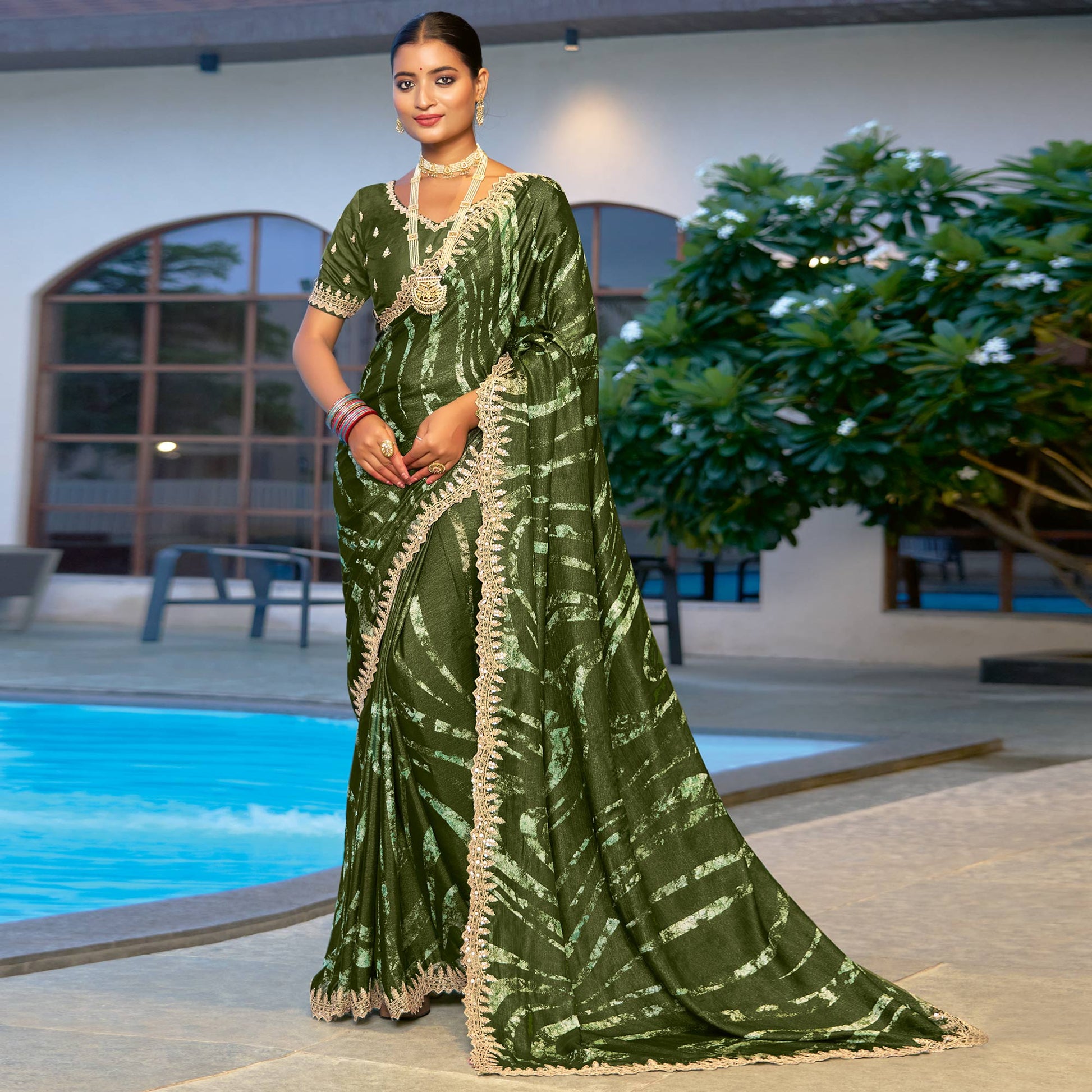Mehandi Green Printed Chiffon Saree With Sequins Border