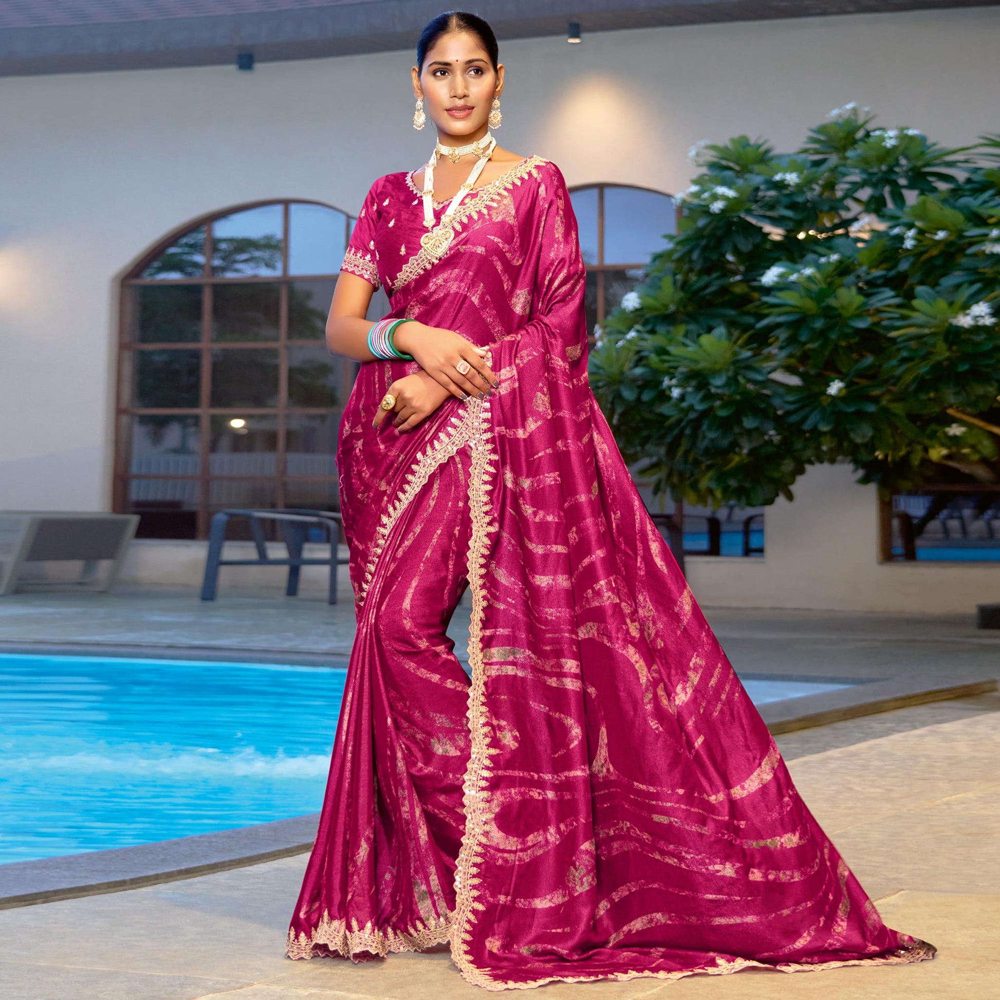 Magenta Printed Chiffon Saree With Sequins Border
