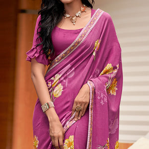 Mauve Floral Printed Georgette Saree with Digital Border