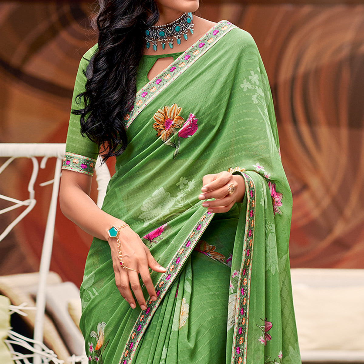 green-floral-printed-georgette-saree-with-digital-border