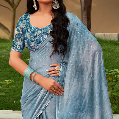 Bluish Grey Sequins Embroidered Chiffon Saree