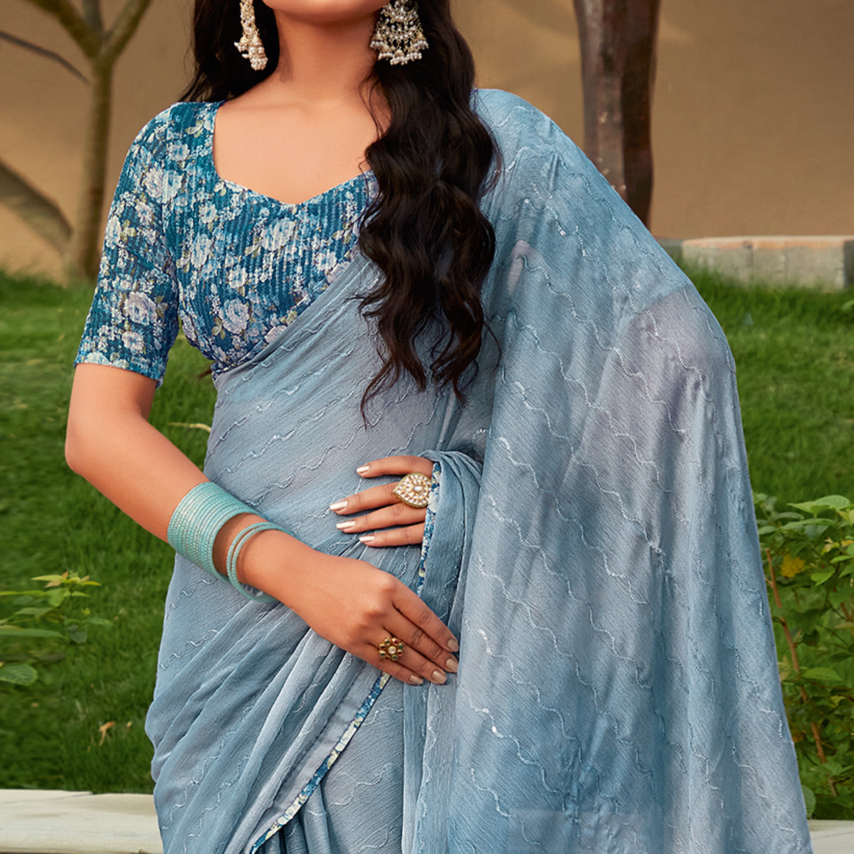 Bluish Grey Sequins Embroidered Chiffon Saree