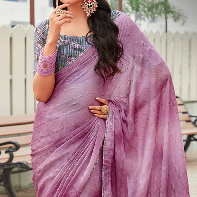 Mauve Sequins Embroidered Chiffon Saree