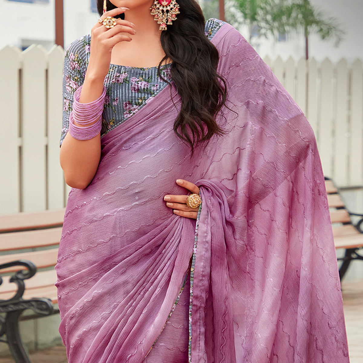 Mauve Sequins Embroidered Chiffon Saree
