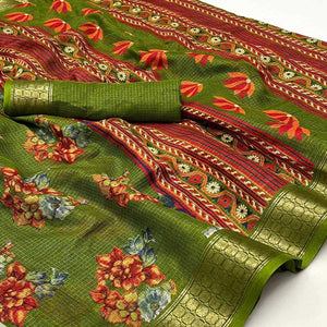 green-floral-printed-cotton-silk-saree