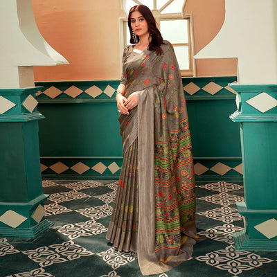 Brown Floral Printed Linen Saree