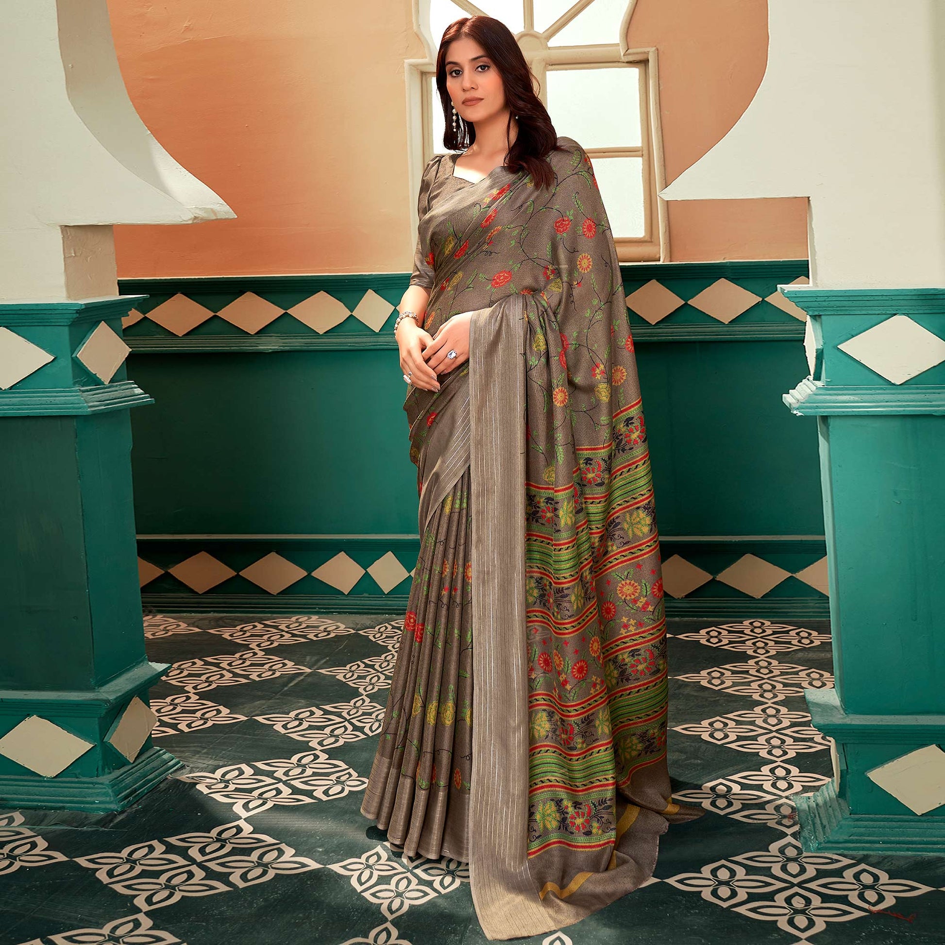 Brown Floral Printed Linen Saree