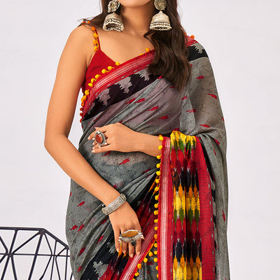 Grey Printed Pure Cotton Saree