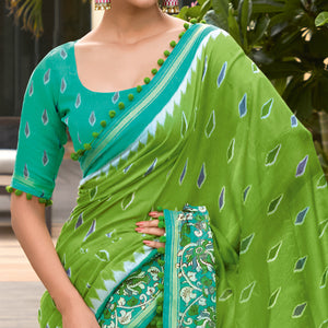 green-printed-pure-cotton-saree-with-pum-pum-border