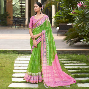 green-pink-printed-pure-cotton-saree-with-pum-pum-border